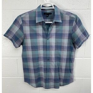 John‎ Varvatos USA Shirt Blue Gray Plaid Cotton Short Sleeve Designer / Men's S